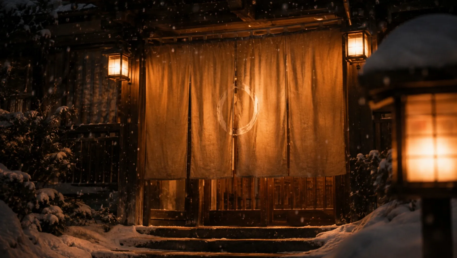 The glowing noren curtain of AKARI in falling snow