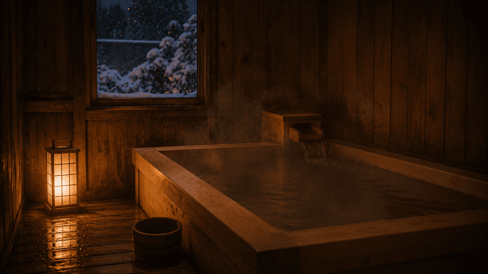 Cypress indoor bath facing a snow window
